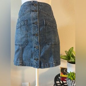 Free People Women’s MIDI, V Pockets Jean Skirt Vintage Wash Button Down -Sz 8